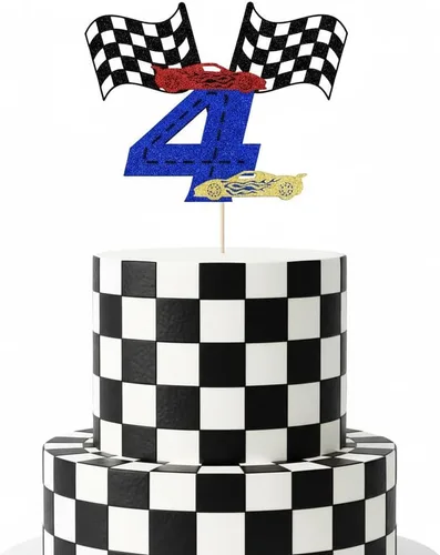 Miniatura 8 de Sleyberoy Decoración de pastel de coche de carreras con bandera a cuadros, decoración de pastel de karting, temática de carreras deportivas
