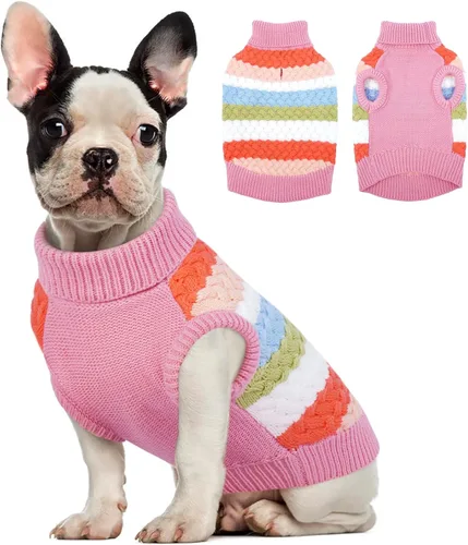 Miniatura 29 de Kuoser Suéter grande para perro, suéteres de punto de cuello alto para perros grandes, rayas coloridas, chaleco de punto para mascotas, ropa cálida