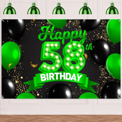 Miniatura 39 de Cartel de feliz cumpleaños 26 verde y negro, telón de fondo con texto en inglés "Cheers to 26 years old confeti", globos de confeti, decoración