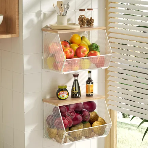 Miniatura 10 de Cesta de frutas apilable para encimera de cocina, ahorro de espacio, cesta de alambre de malla de metal montada en la pared con tapa de madera, Negro