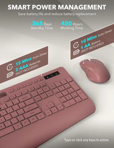 Miniatura 5 de Combo de teclado y ratón inalámbrico - Teclado ergonómico de tamaño completo con reposa muñecas, soporte para teléfono, modo de suspensión, combo