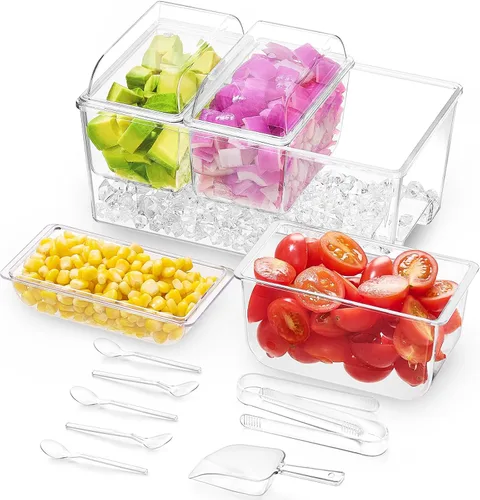 Lifewit Juego de servicio de barra de tacos para fiesta con 3 recipientes (2.5 tazas) y componentes, organizador grande de condimentos refrigerados