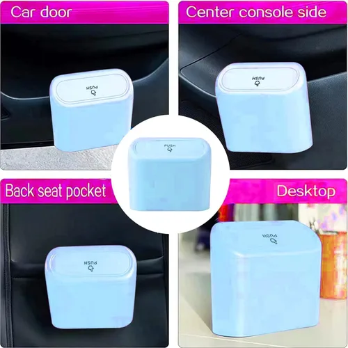 Miniatura 5 de Papelera para automóvil, mini cubo de basura con tapa, 2 bolsas de basura azul, bonitos accesorios para el automóvil para almacenamiento