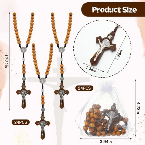 Miniatura 2 de Juego de 24 collares de rosario de cuentas de madera tallada con rosario católico con cruz de Jesús, cuentas de rosario de madera maciza con bolsa