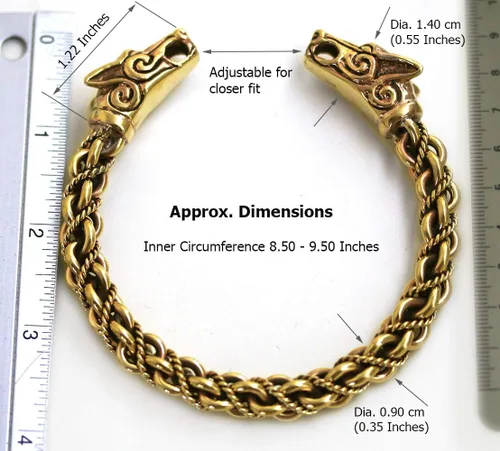 Miniatura 6 de Brazalete de bronce vikingo nórdico con cabeza de lobo trenzada, diseño de cabeza de lobo