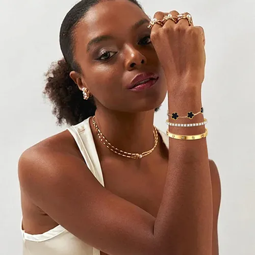 Miniatura 2 de Pulseras de oro para mujer - 4 piezas/3 piezas, juego de pulseras de tenis de 18K de oro chapado, elegantes pulseras de oro no manchadas de acero