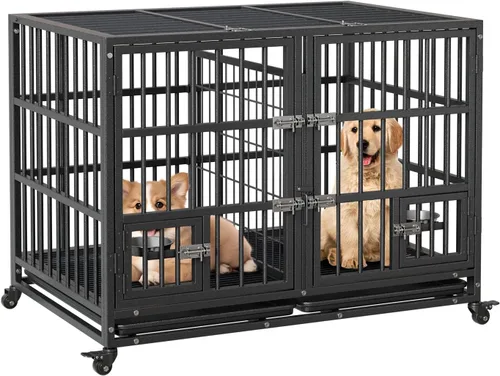 42-Inch Escape-Proof Dog Crate, Indestructible Steel Dog Kennel with Locking Wheels, Anxiety Relief Pet Cage for Medium/Large Dogs, Indoor/Outdoor