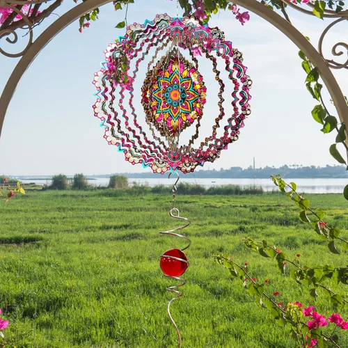 Miniatura 3 de Mandala Blossom Wind Spinner - Molinillos de Viento de Metal Escultura de Viento Colgante Cinética 3D de 12 pulgadas Cortada con Láser