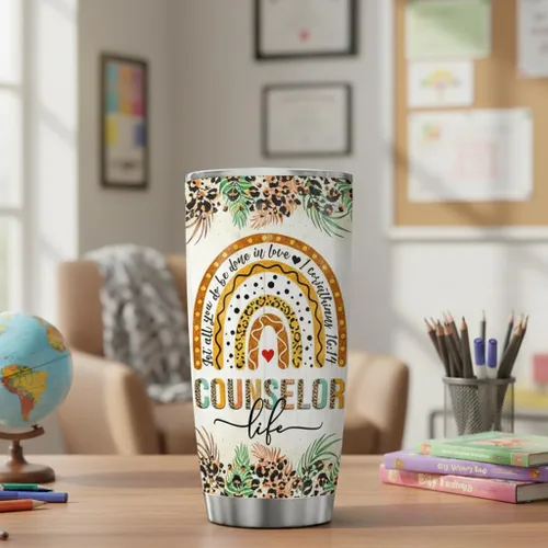 Miniatura 3 de 4LIEUBASMI Vaso de 20 onzas para consejero escolar, semana de agradecimiento al consejero, moderno multicolor con estampado de letras de arco iris