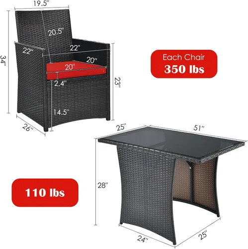 Miniatura 8 de HAPPYGRILL Juego de muebles de patio de 3 piezas, juego de mimbre de ratán PE para exteriores, con cojines lavables y mesa de vidrio templado
