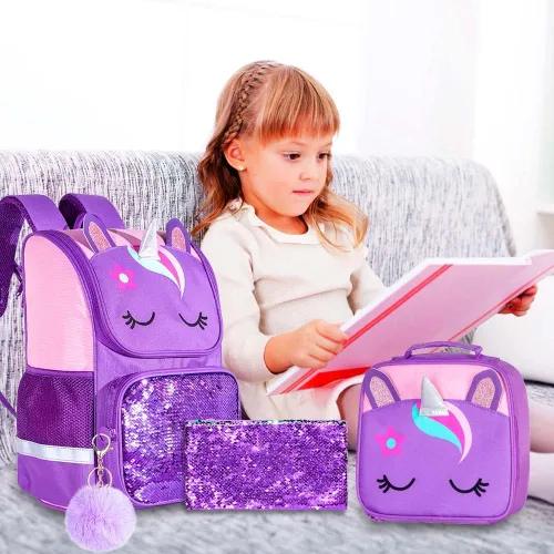 Miniatura 15 de KLFVB Mochila de 3 piezas para niñas y niños, bolsa de libros de dinosaurio de unicornio de 15 pulgadas con lonchera, bolsa escolar preescolar