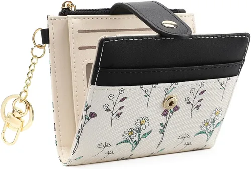 GAEKEAO - Billetera pequeña para mujer con bloqueo RFID, delgada, de dos pliegues, de cuero floral, tarjetero con bolsillo con cremallera y ventana