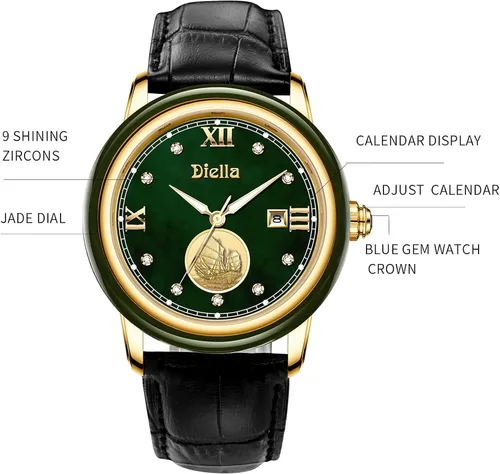 Miniatura 2 de Diella Luxury Dress Watches for Men with Japanese Quartz Movement, Men's Classic Wrist Watches with Black Leather Band, Dark Jade, Gold and Steel