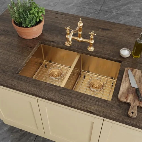 Miniatura 3 de LQS Fregadero de cocina dorado de 31 pulgadas, fregadero de cocina doble dorado, fregadero de acero inoxidable de montaje inferior calibre 16