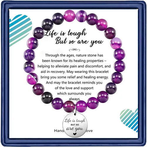 Haoze Regalos para mujeres, cuentas de amatista, Life is Tough But So Are You, pulsera inspiradora Feel Better Get Well Soon, regalo para mujeres,