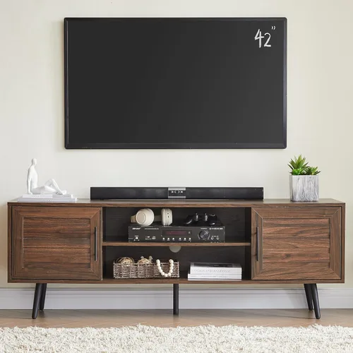 EDYO LIVING Soporte de TV moderno de mediados de siglo para TV de 65 pulgadas, soporte de TV de madera con armario de almacenamiento y estante