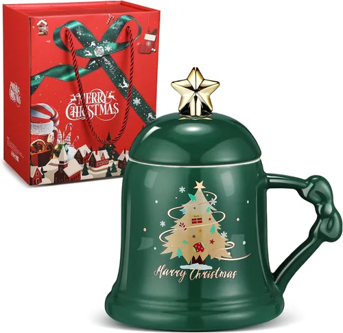 Sliner Taza de Navidad de Cerámica Feliz Navidad Taza de Árbol de Navidad con Cuchara de Estrella y Tapa Taza de Santa para Regalos de Navidad