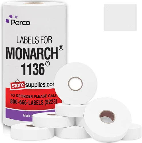 Etiquetas de precios blancas Perco para pistola de precios Monarch 1136 - 8 rollos, 14,000 etiquetas de marcado de precios Blanco