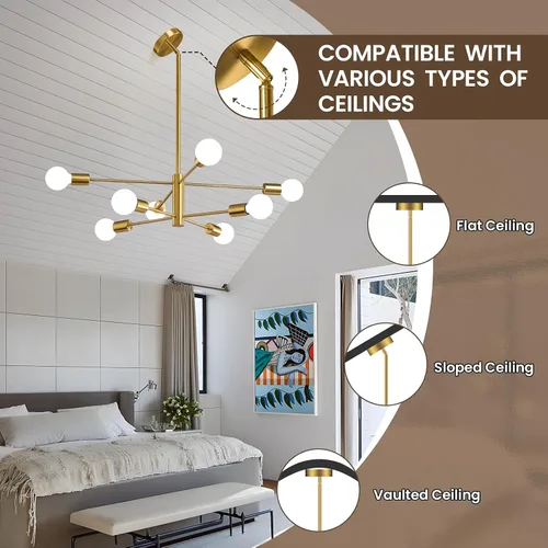 Miniatura 4 de KAISITE Lámpara de Araña Moderna Sputnik Luz de Techo 8 Luces Lámpara de Araña Dorada Luz de Comedor Sobre Mesa Altura Ajustable Lámpara de Araña