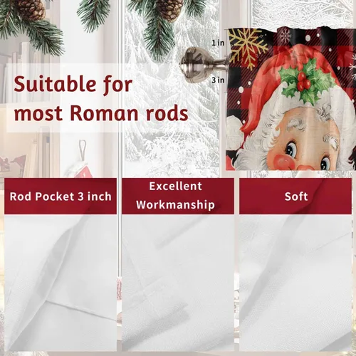 Miniatura 7 de Cenefa de Navidad para ventanas, cenefas de Papá Noel, cenefa con bolsillo para barra, tratamientos de ventana, cortinas cortas a cuadros rojos