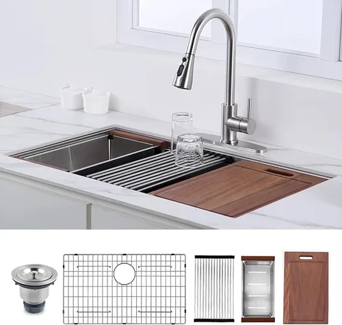 Miniatura 10 de Fregadero de cocina de acero inoxidable de 30 pulgadas, calibre 18, fregadero de cocina hecho a mano con borde integrado y accesorios (paquete de 5)