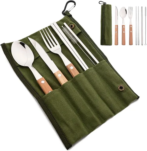 Miniatura 8 de JASHII Juego de cubiertos reutilizables de viaje, juego de cubiertos de acero inoxidable 304 con mango de madera, palillos y pajitas con diseño
