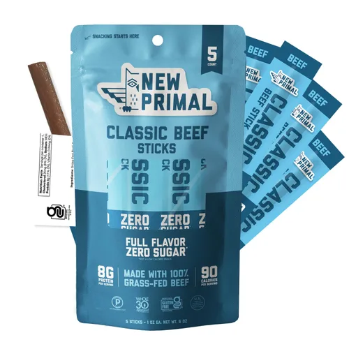 The New Primal Palitos de carne de res alimentada con pasto, keto, bocadillos saludables sin gluten para adultos, sin azúcar, bajo en carbohidratos,