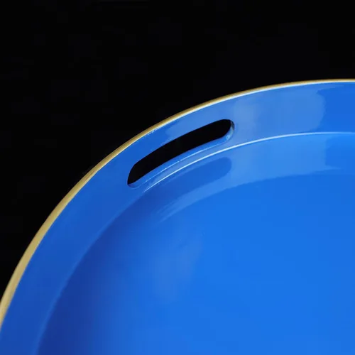 Miniatura 2 de Bandeja decorativa redonda azul con asas, bandeja de servir elegante de 13" para mesa de café, estilo otomano para sala de estar, baño, exteriores