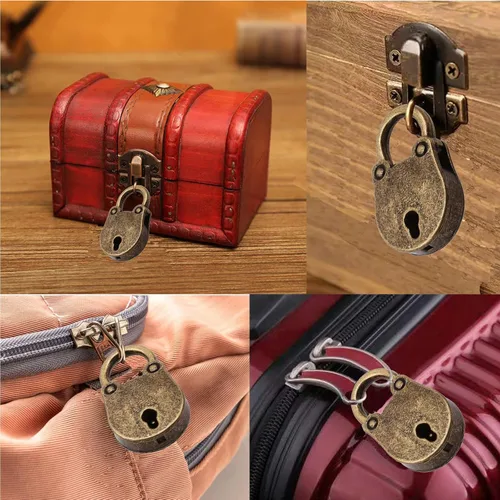 Miniatura 6 de Candado de bronce de estilo antiguo vintage de 3 piezas, pequeño candado de metal estilo arcaize, con llave para caja de joyería, caja