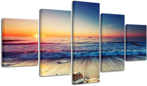 Miniatura 7 de Pyradecor paisaje de mar moderno en 5 paneles HD, impresiones en lienzo, foto del mar y la playa de gran tamaño, obra de arte en lienzo de pared