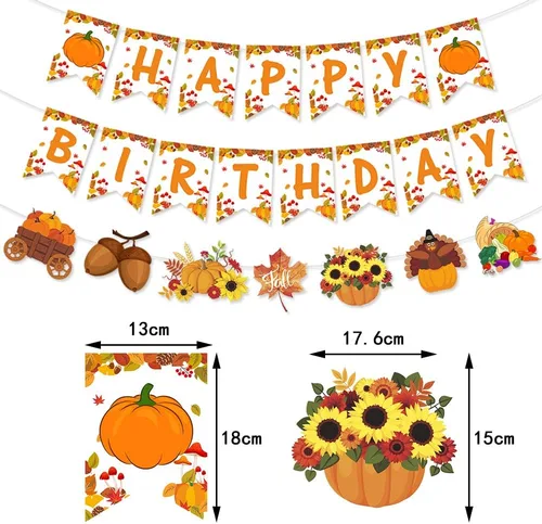 Miniatura 4 de Decoraciones de fiesta de cumpleaños de otoño, calabaza, arce, girasol, pavo, cosecha, granja, suministros de fiesta, pancarta de feliz cumpleaños
