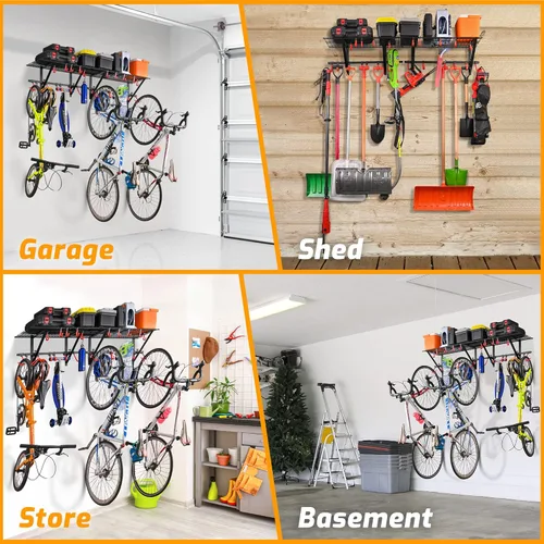 Miniatura 5 de PLKOW Estantería de pared de garaje incluye ganchos para bicicleta, estantería de garaje ajustable y resistente para montaje en pared