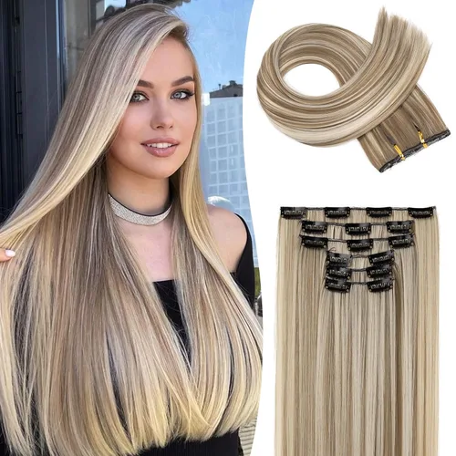 Miniatura 17 de LONAI 6 extensiones de cabello con clip, 24 pulgadas de largo, lacio, sintético, postizo para mujer, rubio ceniza natural