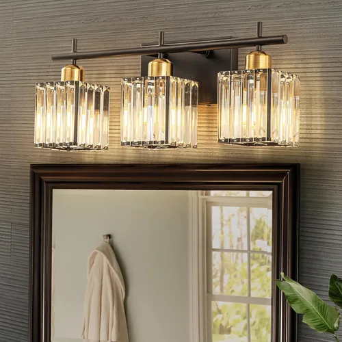 Miniatura 10 de Modernas luces de tocador de baño de cristal sobre el espejo, accesorios de iluminación de baño negro mate de 3 luces, accesorios de iluminación