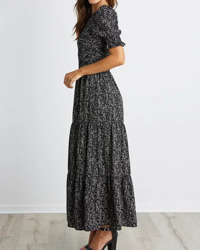 Miniatura 125 de BTFBM Vestidos para mujer, cuello redondo, casual, de verano, con volantes, manga corta, bohemio, con niveles, fruncido, largo, con estampado floral
