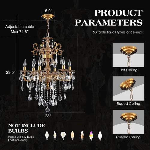 Miniatura 6 de Candelabros de cristal de bronce antiguo de lujo con lámpara colgante de vela, lámpara de techo de 6 luces de cristal dorado para comedor, sala
