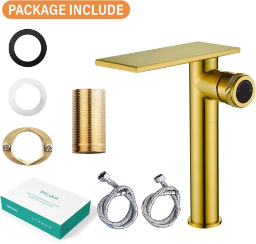 Miniatura 4 de Becola Grifo mezclador de lavabo alto tipo cascada de oro cepillado moderno con perillas ajustables y dos líneas de suministro