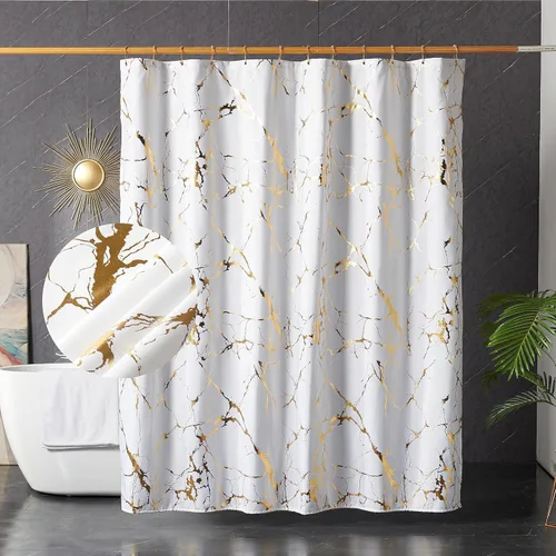 Cortinas de ducha de mármol blanco y dorado para baño, cortina de ducha con destellos y ganchos, impresión única de oro en lámina, impermeable,