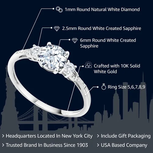 Miniatura 105 de Gem Stone King Anillo de compromiso de 3 piedras preciosas redondas de oro blanco de 10 quilates con piedra natal de 0.236 in con piedra natal