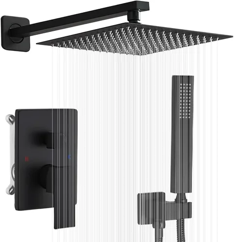 Miniatura 9 de Sistema de ducha negro mate de 10 pulgadas para baño, juego combinado de ducha de lujo con mezclador de lluvia, montado en la pared, grifo de ducha