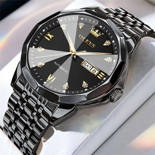 Miniatura 8 de OLEVS Reloj de pulsera automático con diseño de esqueleto para hombre, de lujo, con diamantes de lujo, de acero inoxidable, calendario, reloj