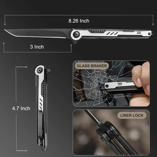 Miniatura 6 de EDC Cuchillo de Bolsillo Plegable para Hombres, Cuchillos Tanto Delgados con Clip y Rompevidrios, Cuchillo de Caballero con Hoja de Acero 7CR13Mov