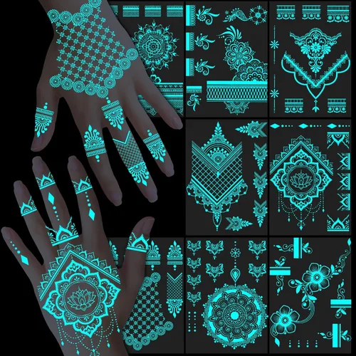 Konsait 8 hojas de tatuajes luminosos temporales para mujeres y niñas, tatuajes temporales luminosos para mujeres, tatuajes de luz negra que brillan