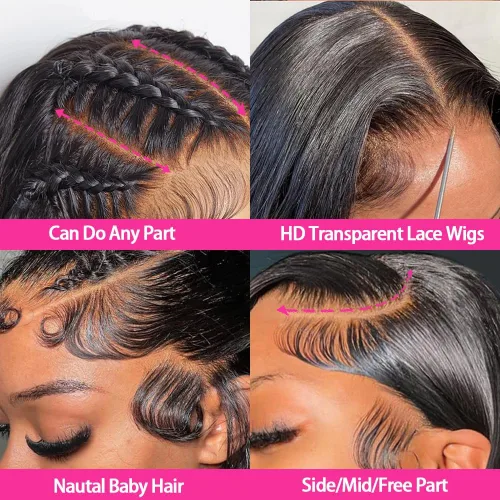 Miniatura 6 de Lemoda Peluca de encaje frontal completo de 13 x 6 pulgadas, pelucas de cabello humano lacio HD transparente de encaje sin pegamento, peluca
