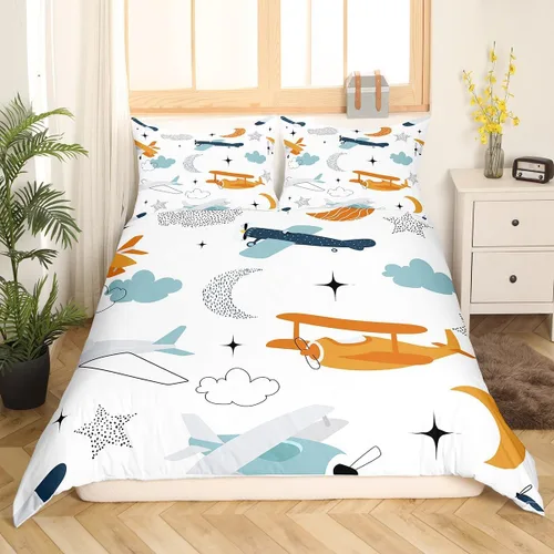 Miniatura 10 de Erosebridal Funda de edredón de avión tamaño individual, juego de ropa de cama de aviones de dibujos animados para adolescentes, color verde azulado