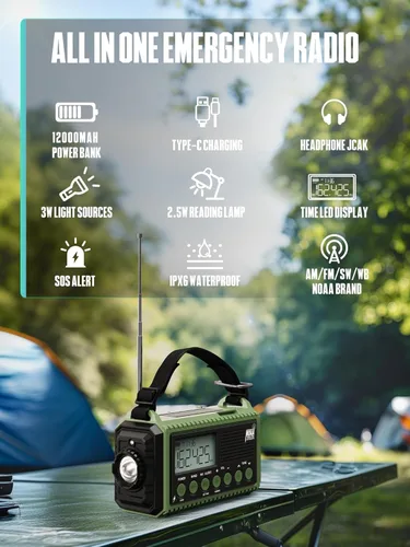 Miniatura 6 de Radio de emergencia de 12000 mAh - Alerta meteorológica AUTO NOAA, manivela solar AM/FM/SW/NOAA, linterna, cargador de teléfono, sirena SOS, kit