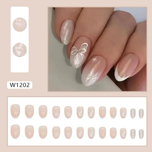 Miniatura 2 de 24 uñas postizas blancas francesas a presión cuadradas cortas – Uñas postizas de Navidad a presión, arco de copo de nieve, puntas de uñas postizas