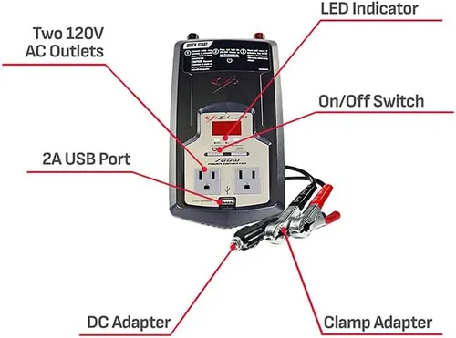 Miniatura 6 de Schumacher Electric Convertidor de corriente CC a CA, XI75DU, 750 vatios continuos, 1500 vatios de pico, 2 salidas de CA, puerto USB de 2 amperios
