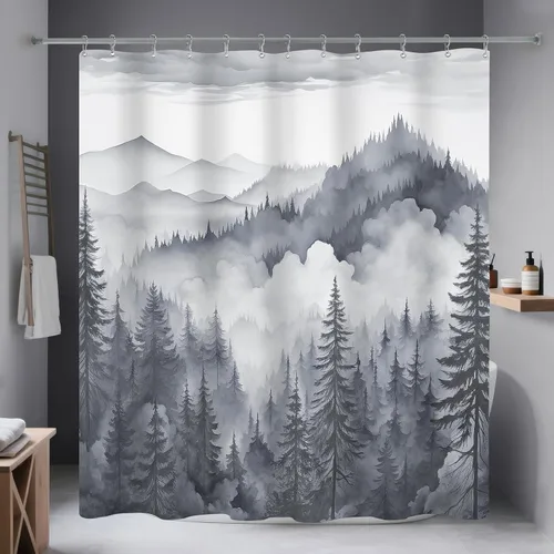 Miniatura 13 de Cortina de ducha pequeña de 36 x 72 pulgadas, cortina de medio tamaño de bosque brumoso, cortina de ducha estrecha mitad negra y blanca de montaña