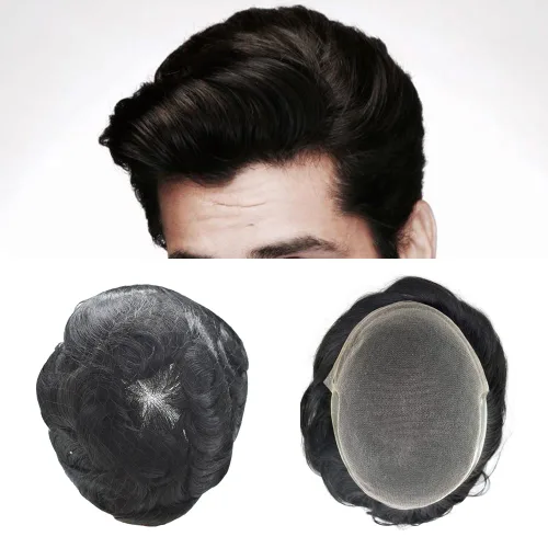 Miniatura 35 de Tupé de encaje suizo para hombres, piezas de cabello humano real, encaje frontal, sistema de reemplazo de cabello tipo tupé, nudo blanqueado, línea